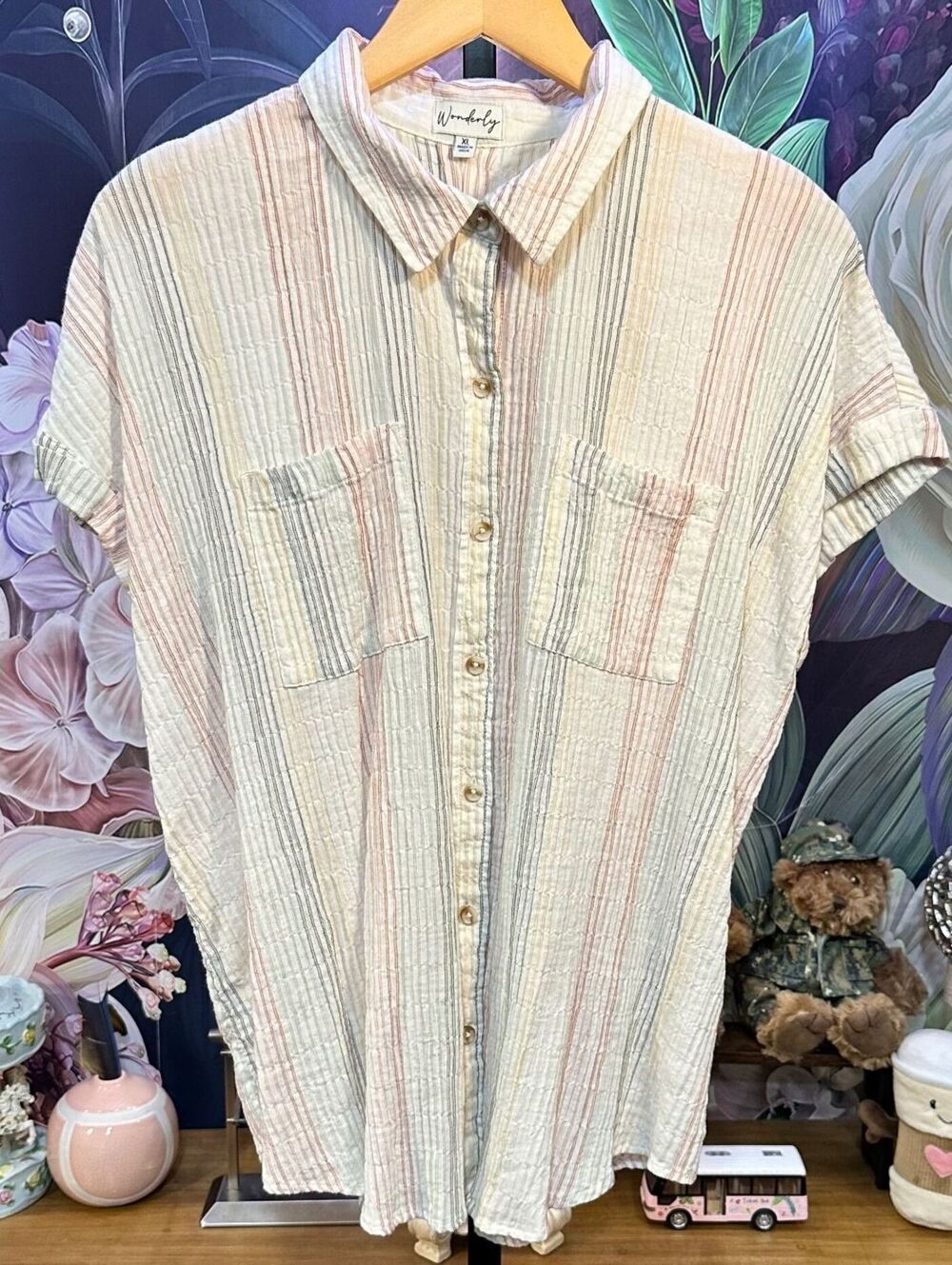 Wonderly XL Cotton Relaxed Shirt Top Button Front Striped Pockets Casual Boho
